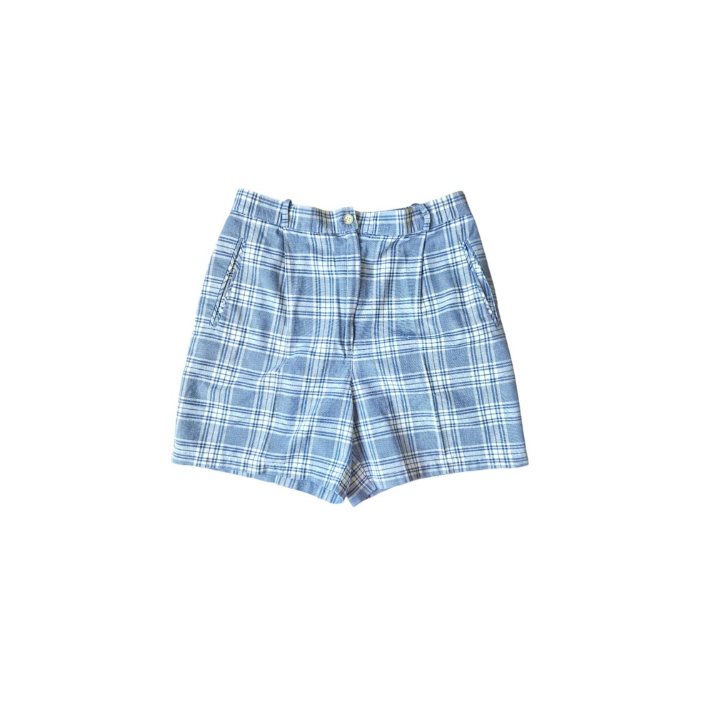 Talbots Petites Blue White Plaid Cotton Pleated Shorts High Rise Vintage Size 12